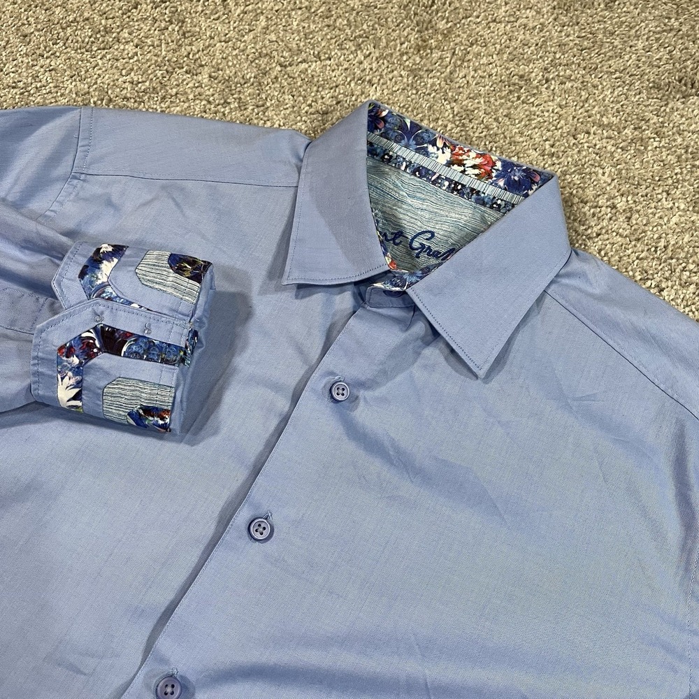 Robert Graham Shirt M Blue Floral Trim Contrast‎ Cuff Button Front Dress Casual